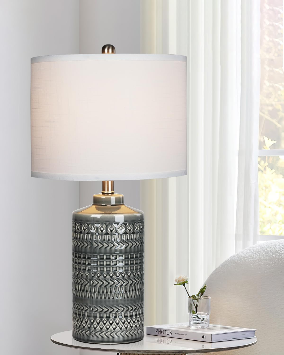 Modern Ceramic Table Lamp, 24.5" Living Room Lamps 3-Way Dimmable Gray Nightstand Lamp with White Shade|Tall Bedside Lamp Desk Decor…