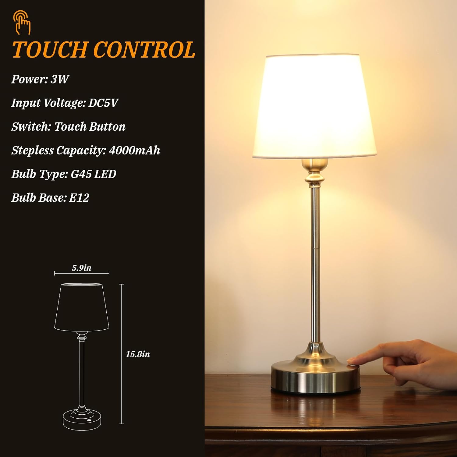 Kakanuo Cordless Table Lamp Rechargeable Silver - 1 Pack 4000mAH Battery Operated Lamp for Decor, 3000K Stepless Dimming Touch Control…