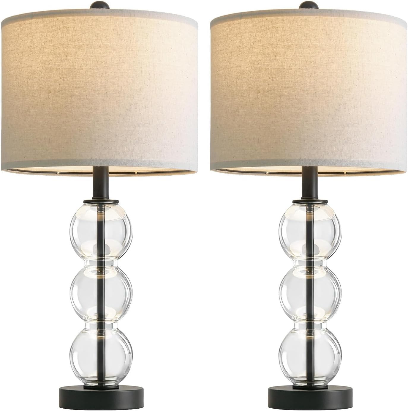 Oneach 25" Glass Table Lamps Set of 2, Black Modern Table Lamps with USB Ports for Living Room, Linen Shade Bedside Lamps for Bedroom, Nigh…