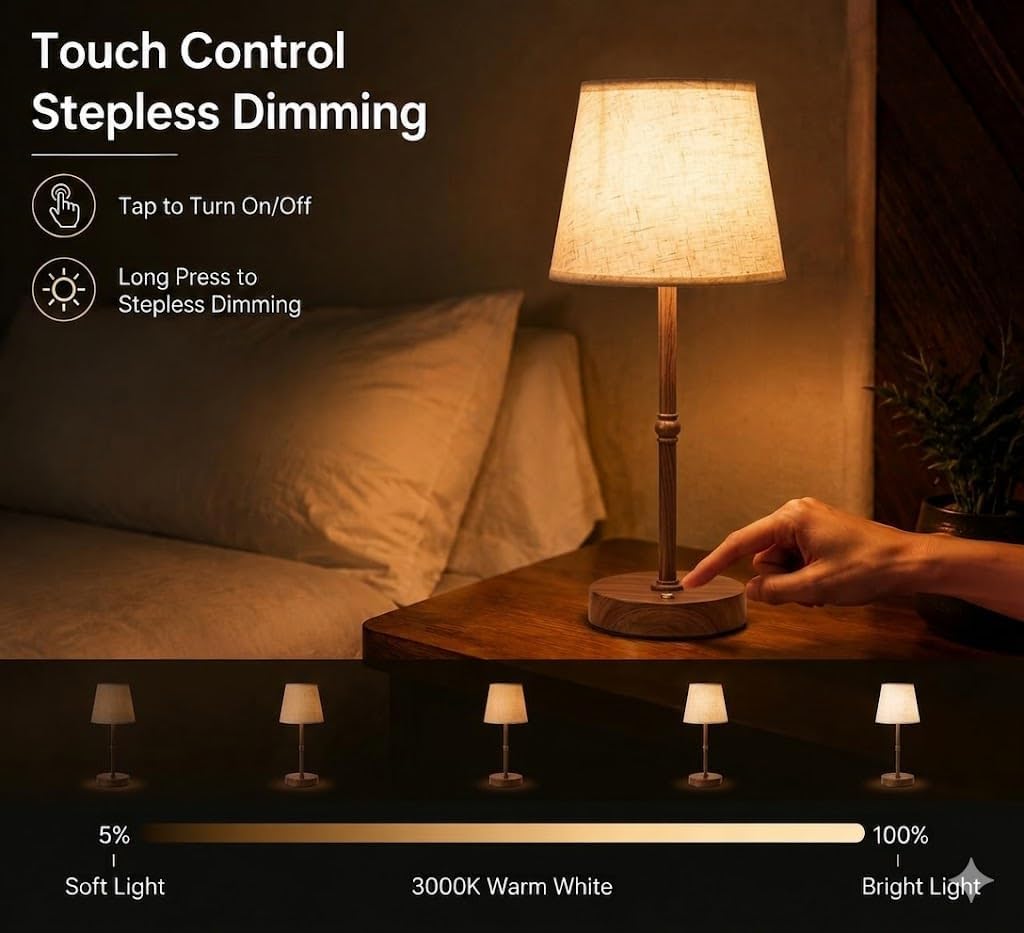 Cordless LED Table Lamp, 6000mAh Rechargeable Battery Operated Desk Lamp, 6-Level Dimming Metal Portable Nightlight for Restaurant…