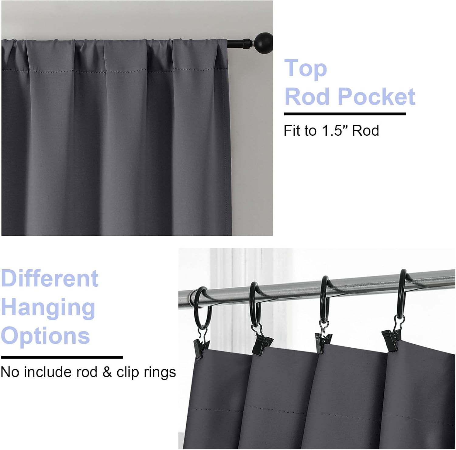 Simplebrand Ava Grey Blackout Extra Long 10ft Curtains for Patio 120 Inches Long 2 Panels Set, Solid Thermal Insulated Energy Saving Rod Po…