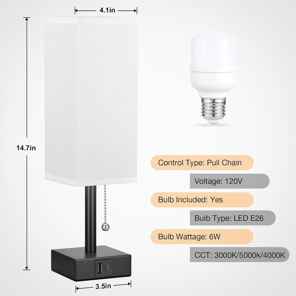 Aooshine White Small Table Lamp for Bedroom - 3 Color Temperature 3000K 5000K 4000K Bedside Lamp, Pull Chain Control, USB A and C Charging…