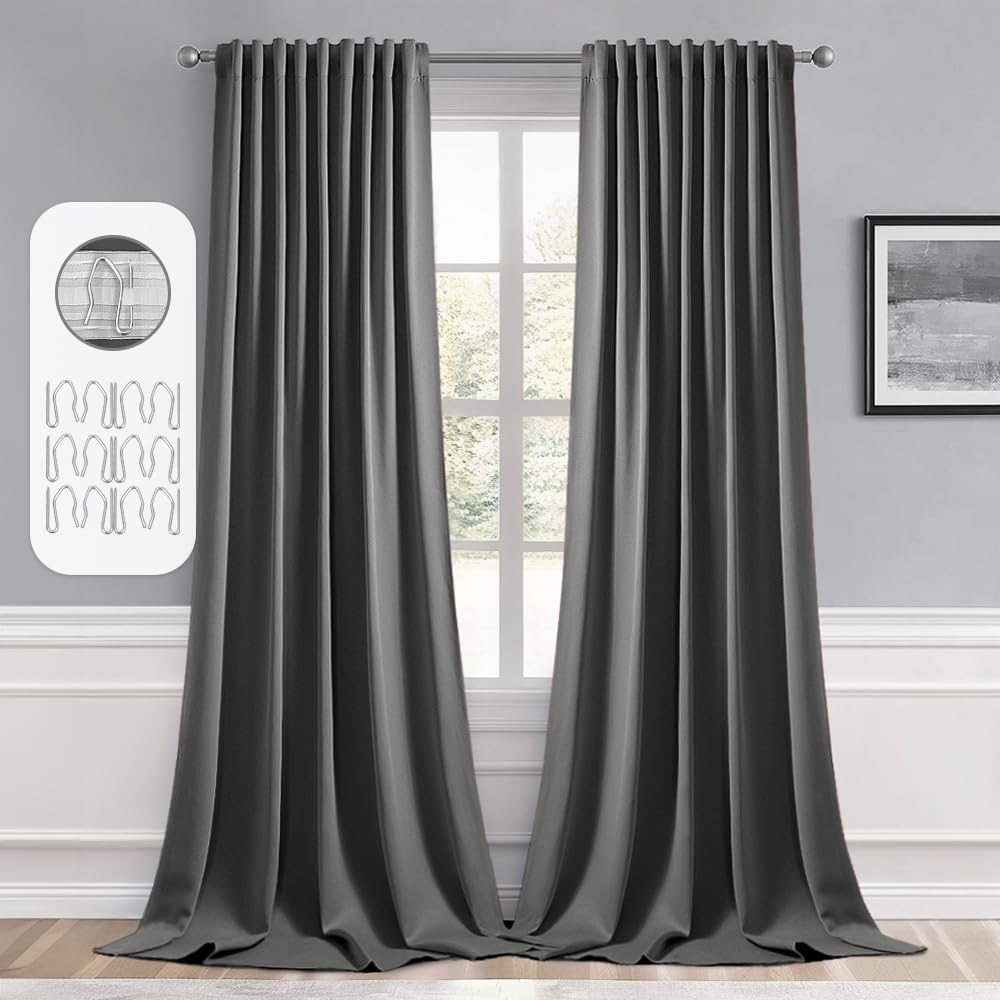 Miulee Back Tab Grey Blackout Curtains 96 Inch Long 2 Panels Set for Living Room Bedroom, Rod Pocket/Pinch Pleated Long Thermal Insulated R…