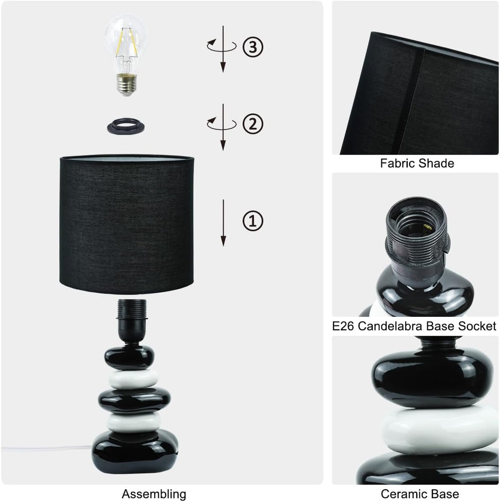 Stoney Black Ceramic Table Lamp for Living Room as Modern Kids Night Bedside Table Lamp for Bedroom, Φ7.09×H13.58IN, Bulb Excluded