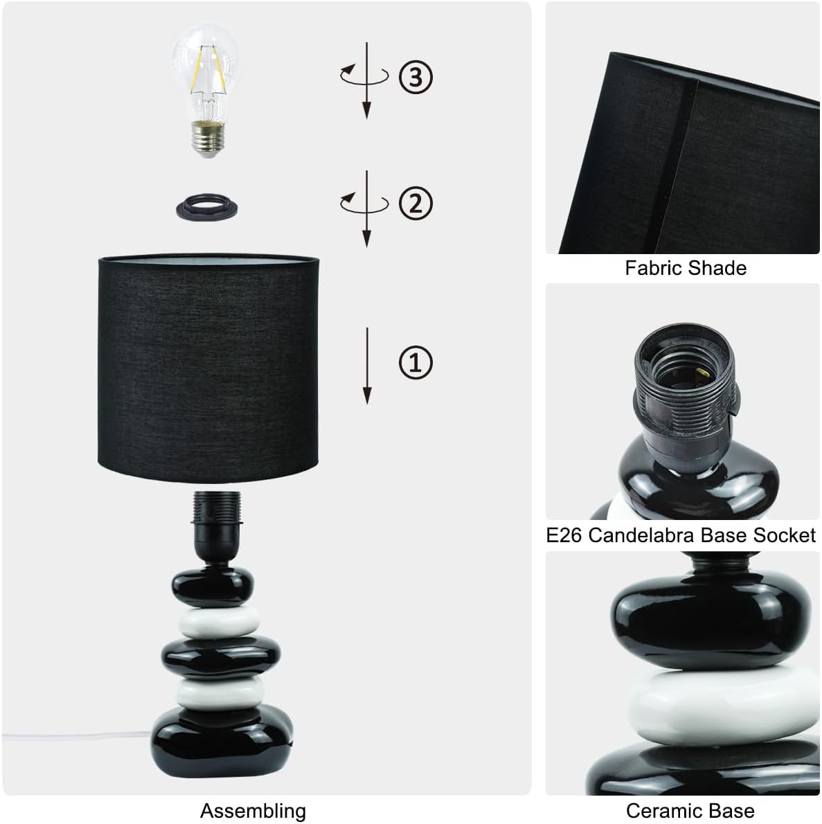 Stoney Black Ceramic Table Lamp for Living Room as Modern Kids Night Bedside Table Lamp for Bedroom, Φ7.09×H13.58IN, Bulb Excluded