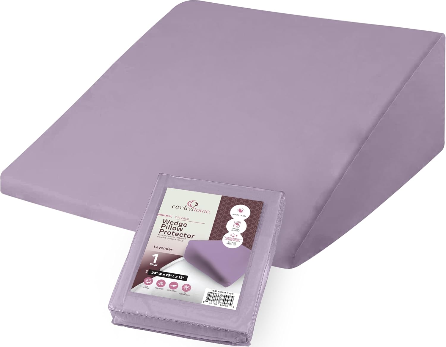 CirclesHome Wedge Pillow Cover 100% Cotton, Zippered Wedge Pillow Case Protector, Soft, Hypoallergenic & Breathable -Lavender, (24Wx25Lx12)…