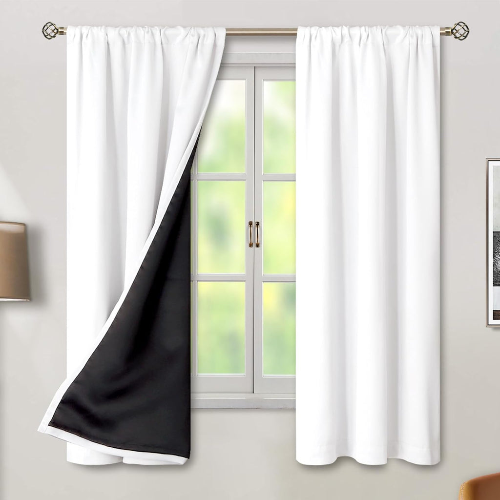 BGment Pure White 100% Blackout Curtains 63 Inches Long with Thermal Insulated Liner, Rod Pocket and Back Tab Double Layer Full Room…