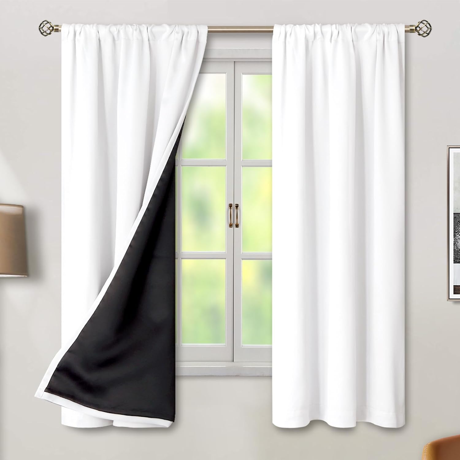 BGment Pure White 100% Blackout Curtains 63 Inches Long with Thermal Insulated Liner, Rod Pocket and Back Tab Double Layer Full Room…