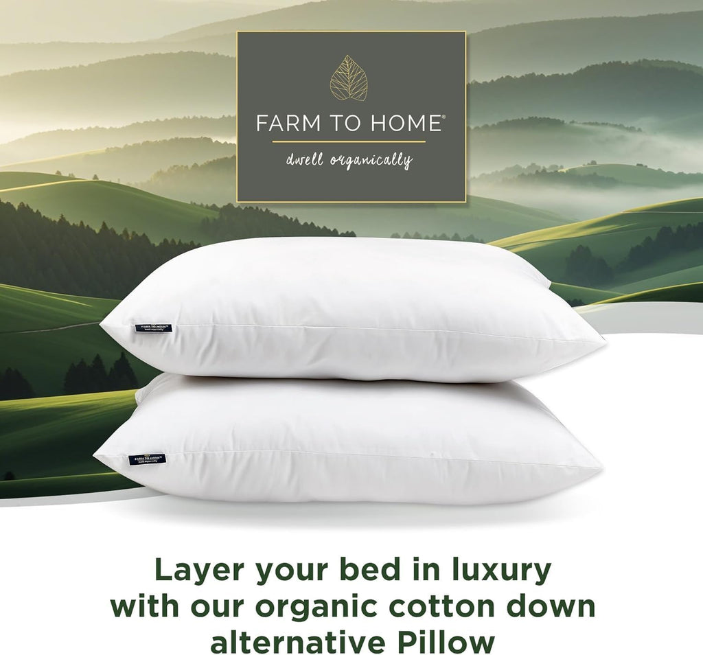Farm To Home 100% Organic Cotton Cover Pillows Queen/Standard Size Set of 2, Down Alternative Hotel Quality Soft Bed Pillow for Back &…