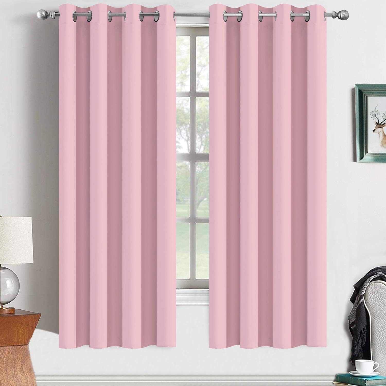 Yakamok Blackout Curtains Room Darkening Thermal Insulated Window Panels, Solid Grommet Top Drapes for Bedroom(52x63 Inch, Pink, 2 Panels)