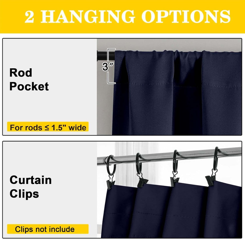 WelvetBLK Navy Blue Room Darkening Curtains for Bedroom Living Room 45 Inch Length 2 Panels Set, Soft Solid Thermal Insulated Rod Pocket Sh…