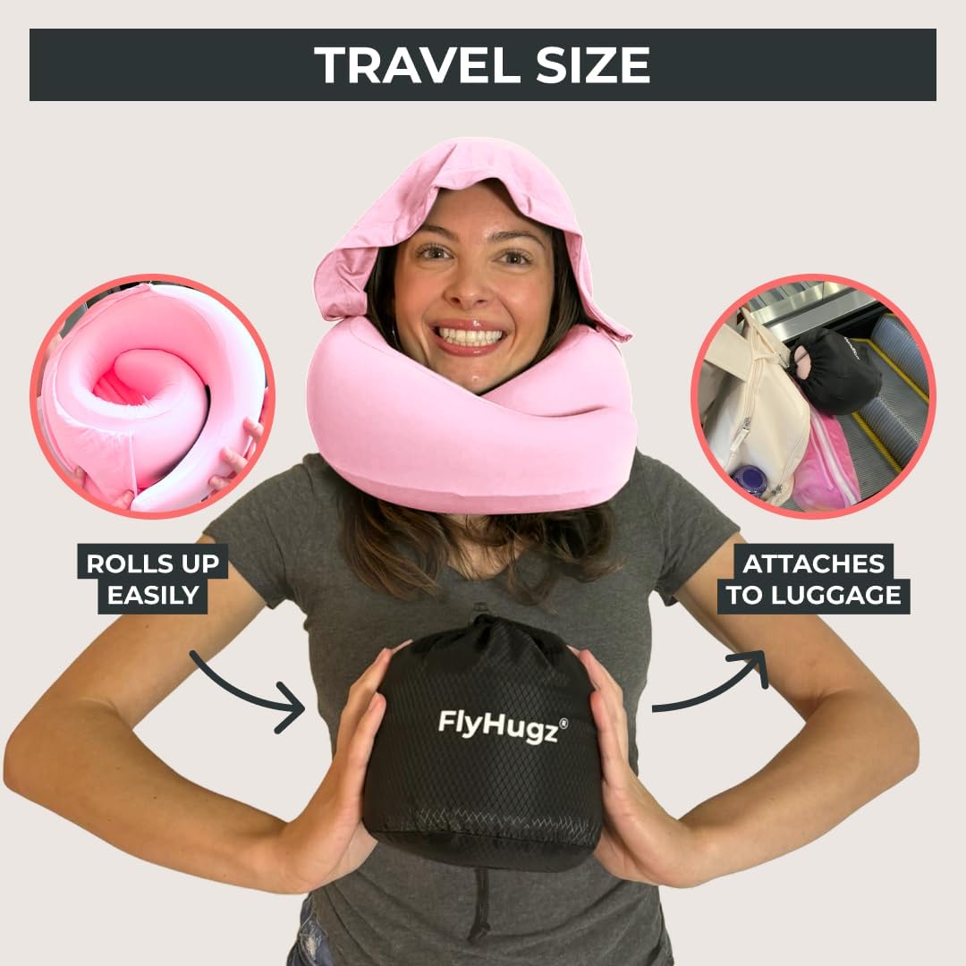 FlyHugz® 2.0 Hooded Travel Pillow – 2026 Original Release – Memory Foam Neck Pillow with Adjustable Hood & Premium Elastic Washable Cover…