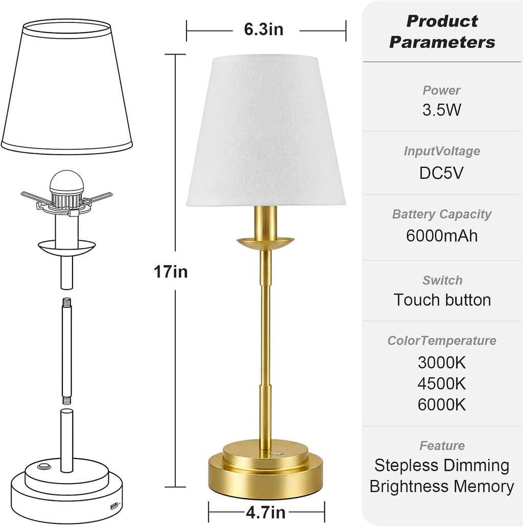 Table Lamps, Rechargeable Cordless Lamp with 6000mAh Battery Operated, 3 Colors Stepless Dimming LED Adjustable Wireless Lamp for…