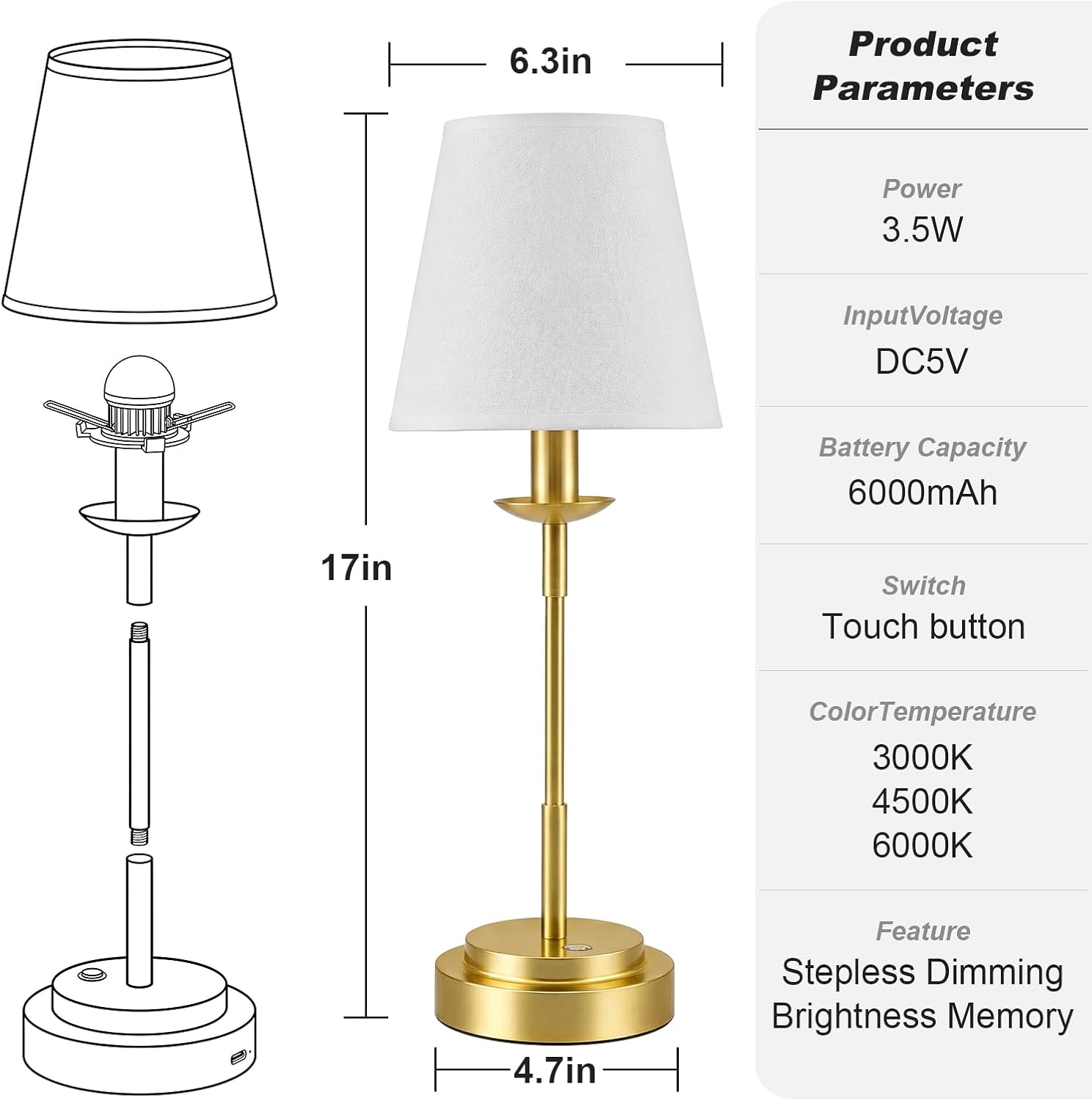 Table Lamps, Rechargeable Cordless Lamp with 6000mAh Battery Operated, 3 Colors Stepless Dimming LED Adjustable Wireless Lamp for…