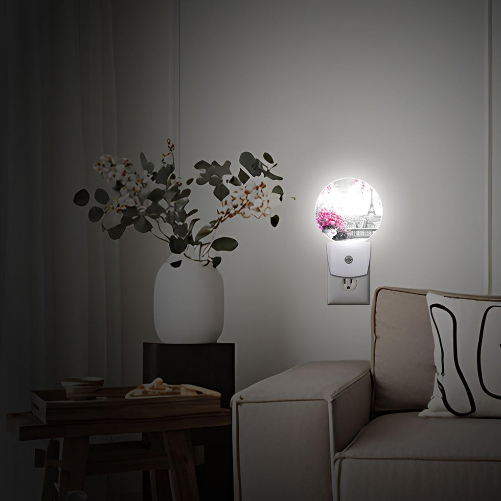 Paris Eiffel Tower Pink Flower Night Light Auto Sensor Led Dusk to Dawn Lamp Home Decor for Men Women
