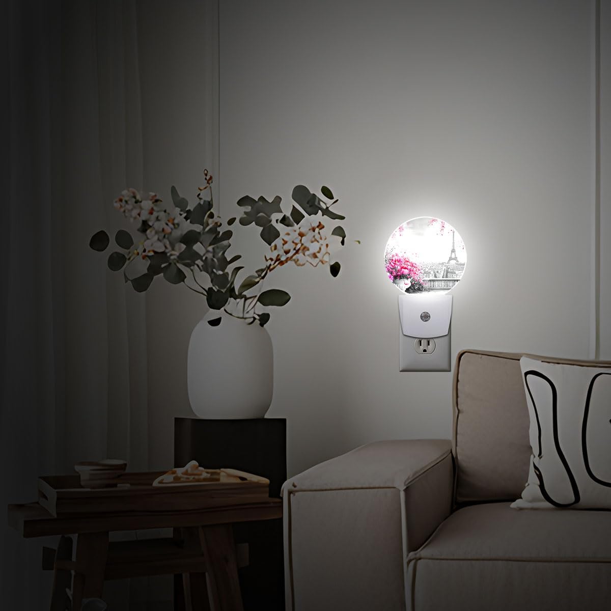 Paris Eiffel Tower Pink Flower Night Light Auto Sensor Led Dusk to Dawn Lamp Home Decor for Men Women