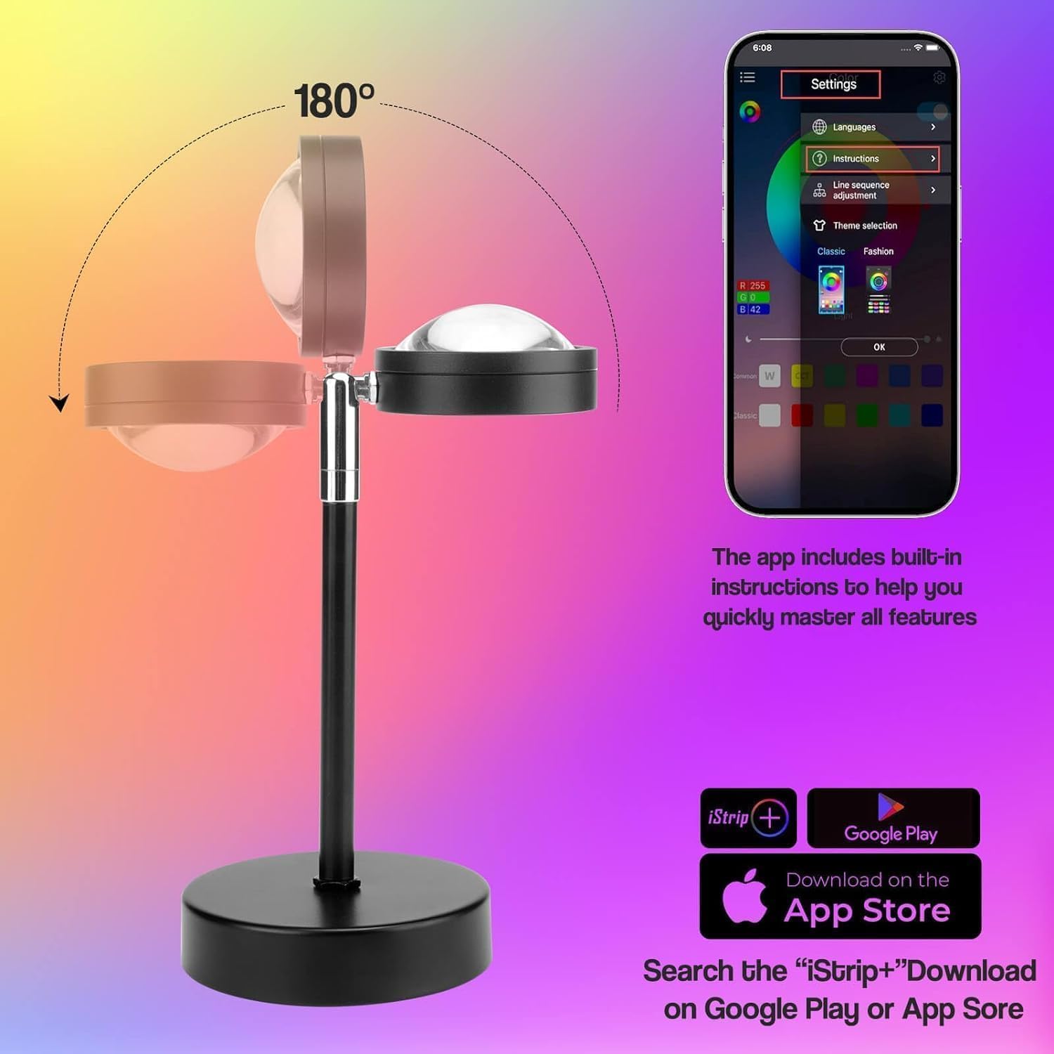 Sunset Lamp Projection, Sunset Night Light Rainbow Projector 180° 16 Color Changing 4 Modes, Vlog, Photography, Decorative, Party Decor…