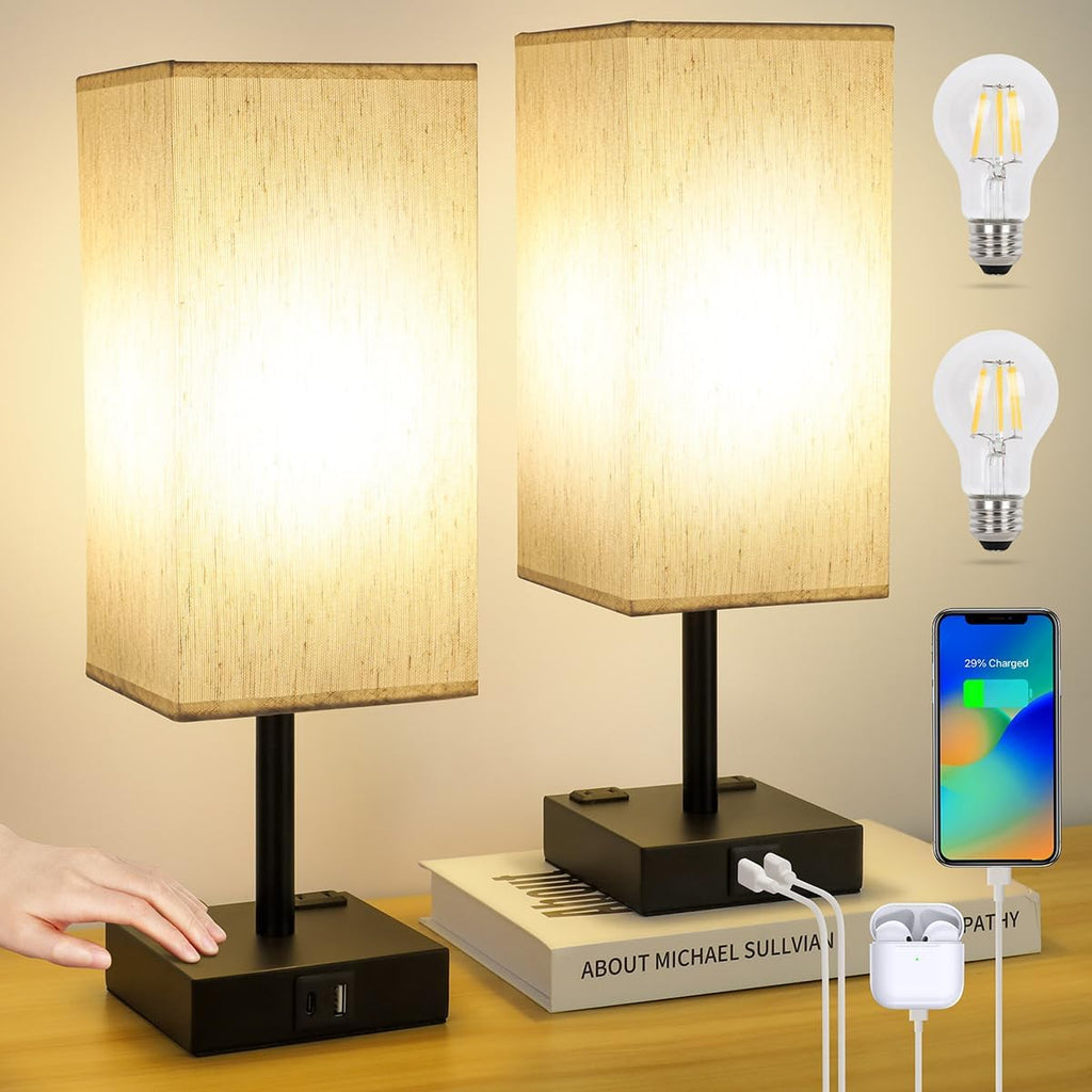 Bedside Table Lamps Set of 2 - Touch Nightstand Lamp for Bedroom with USB C+A Charging Ports & AC Outlets, 3-Way Dimmable Desk Lamp…