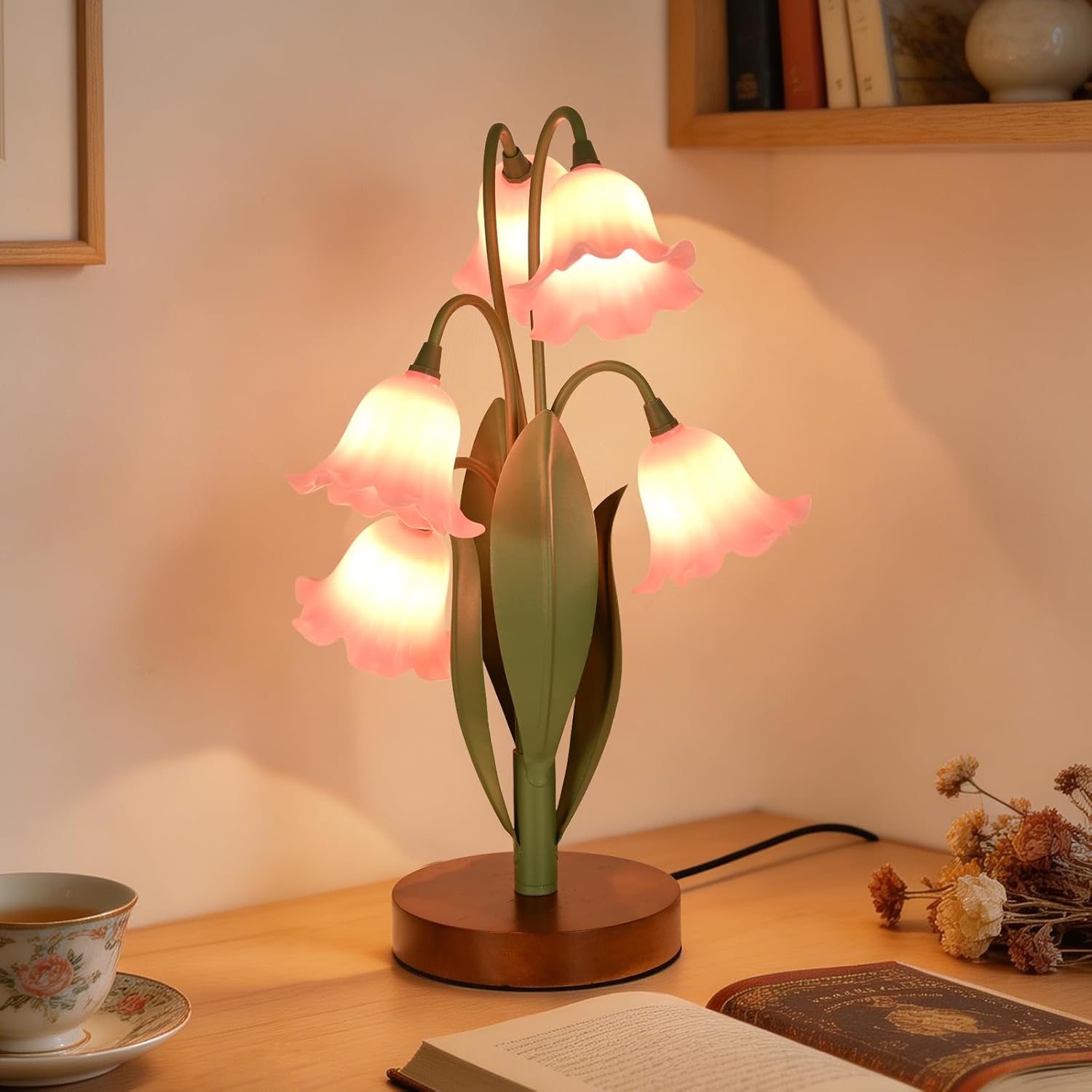 Flower Table Lamp for Bedroom, Cute Reading Light with 5 Wind Chime Grass Flower of The Valley, Desk Lamp Bedside Lamps for Nightstands…