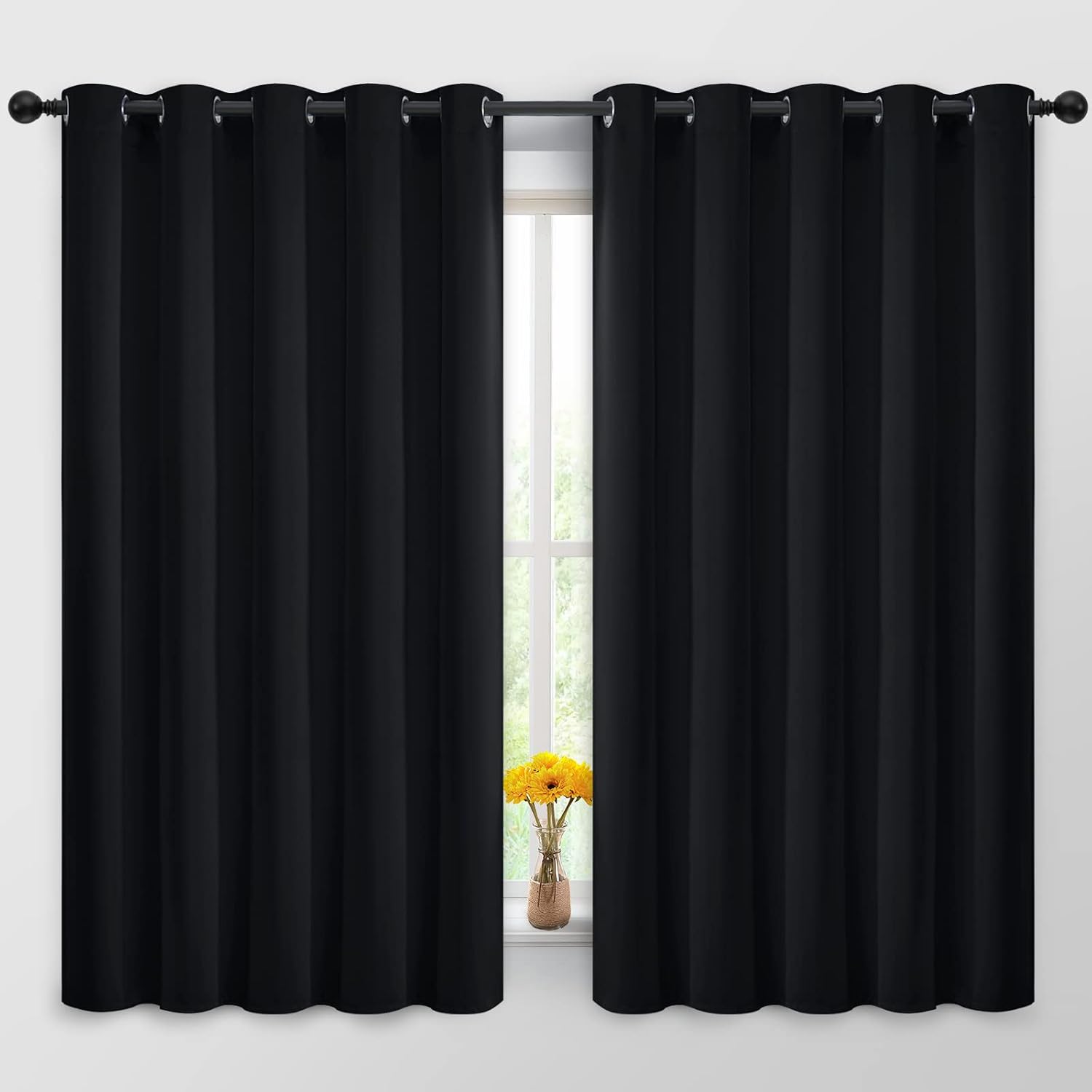 Yakamok Blackout Curtains Room Darkening Thermal Insulated Window Panels, Solid Grommet Top Drapes for Bedroom/Living Room(62Wx63L, Black…