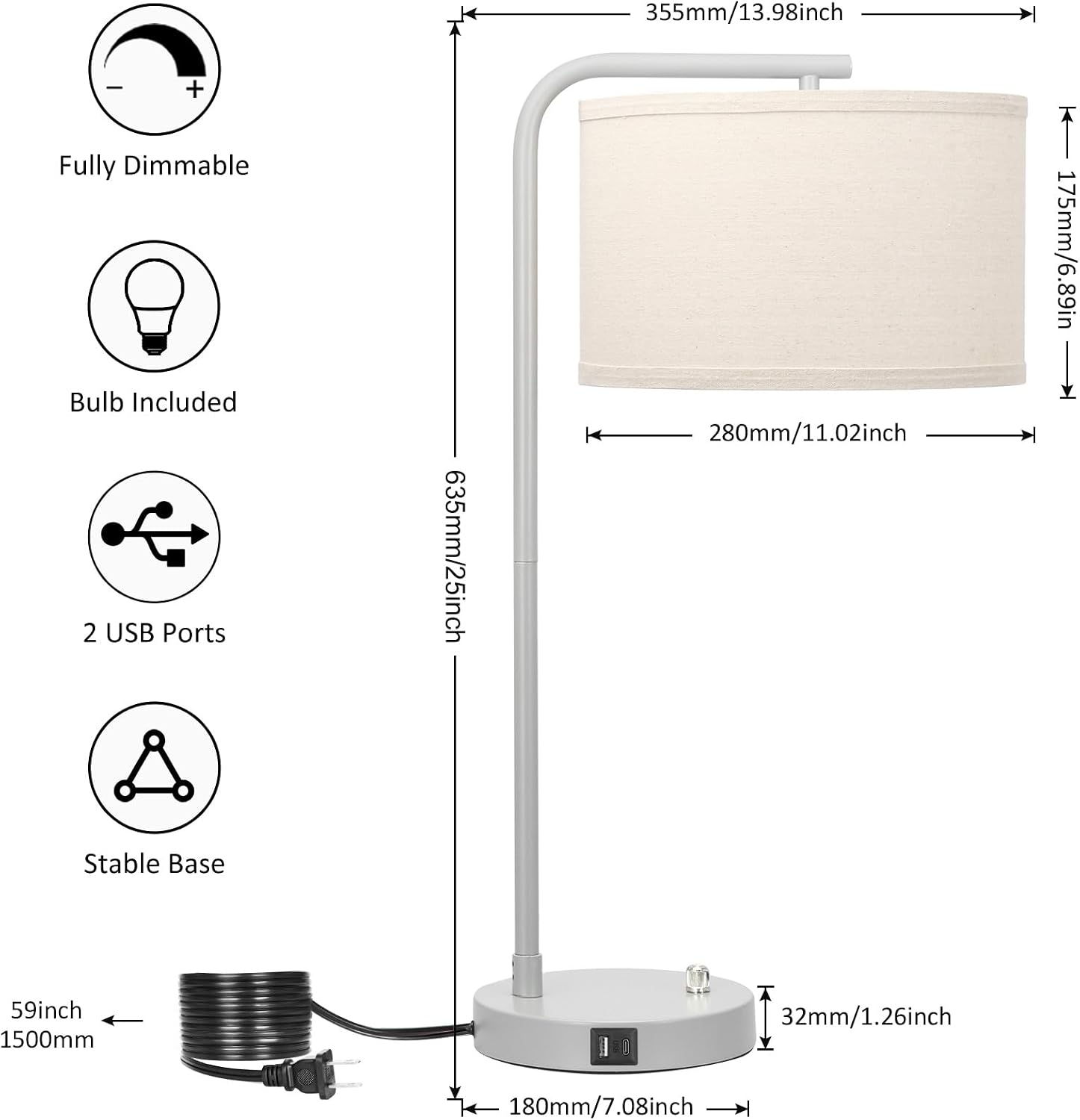 Table Lamp with USB C+A Ports, Fully Dimmable Nightstand Lamp for Living Room, Modern Grey Bedside Lamp, Tall Table Lamp with Beige Shade…