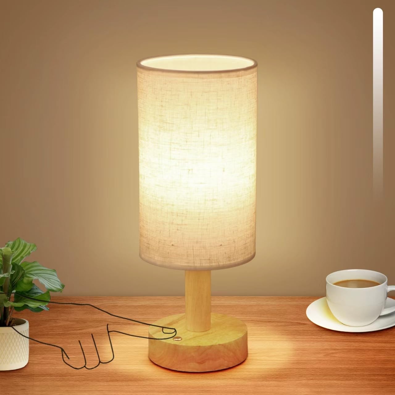 Rechargeable Cordless Touch Table Lamp with Stepless Dimming, Natural Wood Base&Linen Shade, Small Battery Wireless Ambient Night Light for…