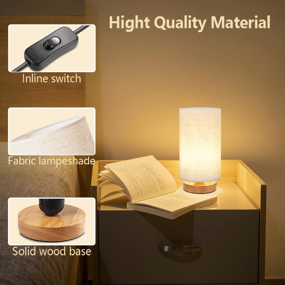 Uchenton 3-Color Adjustable Bedside Table Lamp for Bedroom, Minimalist Wood Base&Round Fabric Shade, Cozy Lighting Nightstand Boho Lamp, Study…