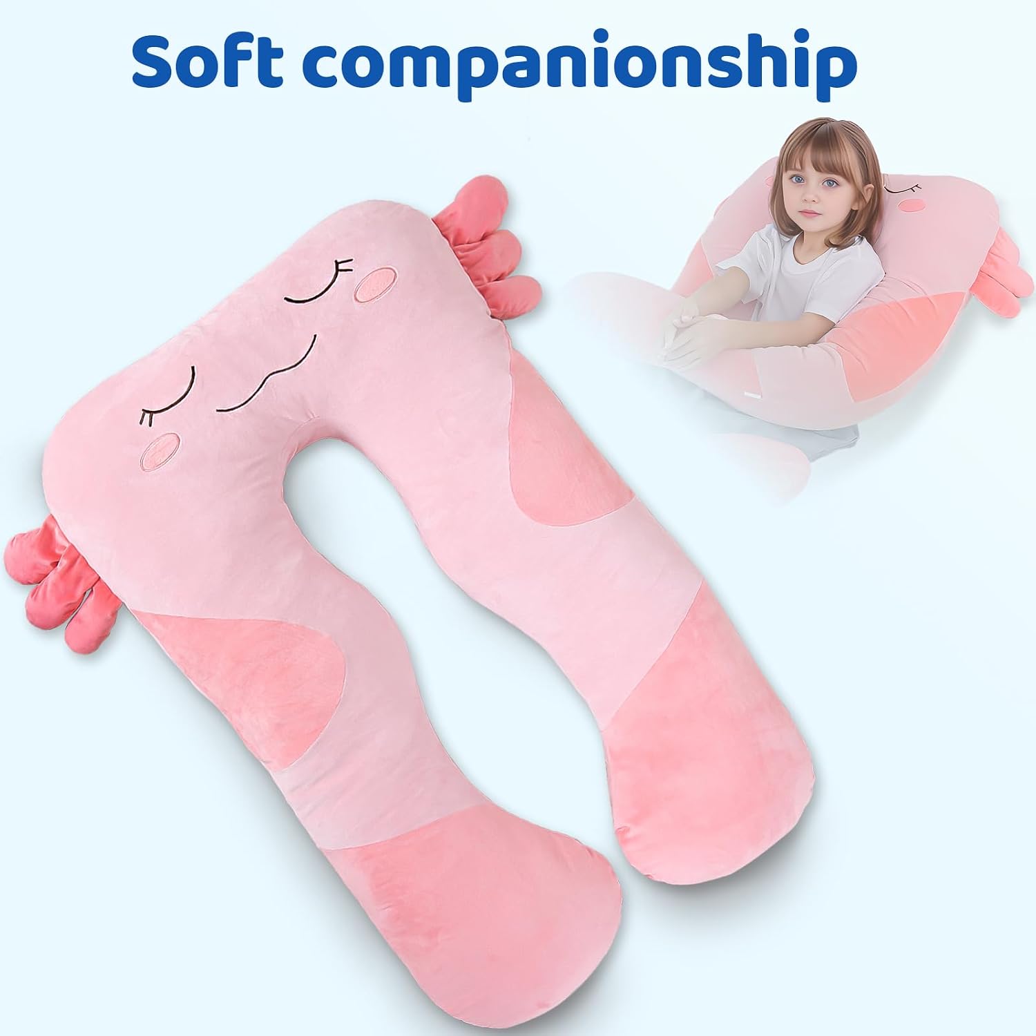 47x23 inch U Shaped Long Plush Body Pillows for Kids, Stuffed Animal Axolotl Soft Large Pillow for Sleeping, Big Cute Plushies, Washable…