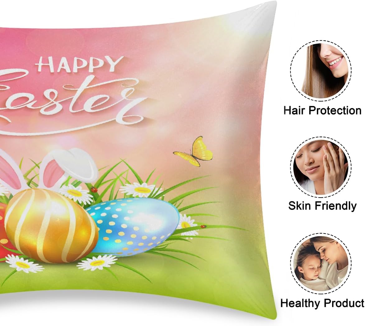 Happy Easter Satin Silk Pillowcase for Hair and Skin Pillow Cases Standard Size Soft Silk Pillow Case with Envelope Closure Print Satin…