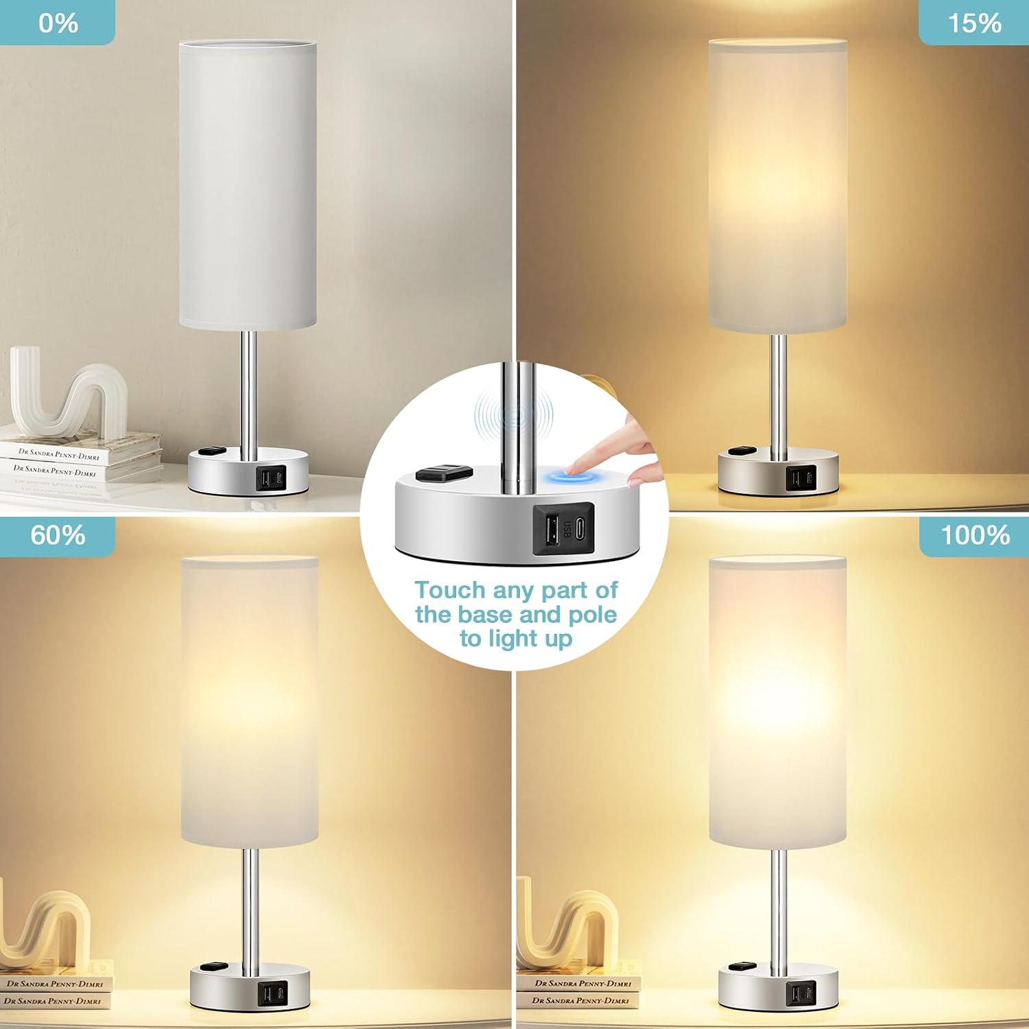 Fenmzee Light Grey Table Lamp for Nightstand - 3 Way Dimmable Touch Bedside Lamp USB C and A Charging Ports and AC Outlet, Small Desk…