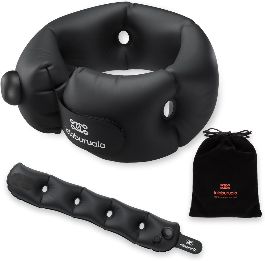 Inflatable Neck Pillow, Portable Travel Neck Pillow Airplane, Storable Black Neck Pillows Travel with Washable Cover, Adjustable Air-Fill…