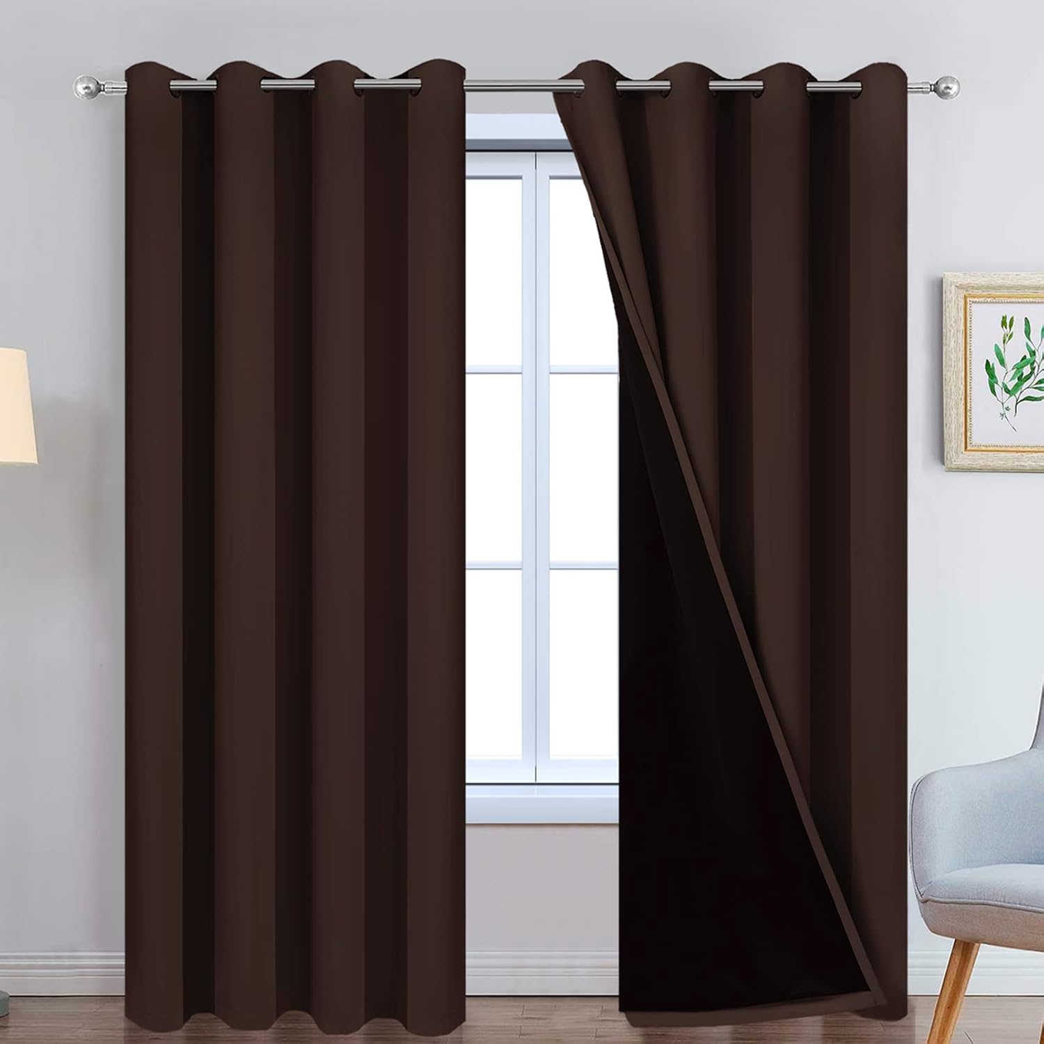 Yakamok 100% Blackout Curtains for Bedroom, 2 Thick Layers Thermal Insulated Grommet Total Blackout Drapes with Black Liner for Living Room…