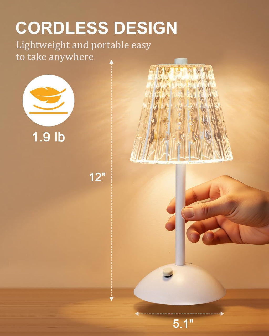 Nusogon Rechargeable Cordless Table Lamp, Touch Control Crystal Desk Lamp with 3500mAh Battery, 3 Color Dimmable LED Small Lamp for…