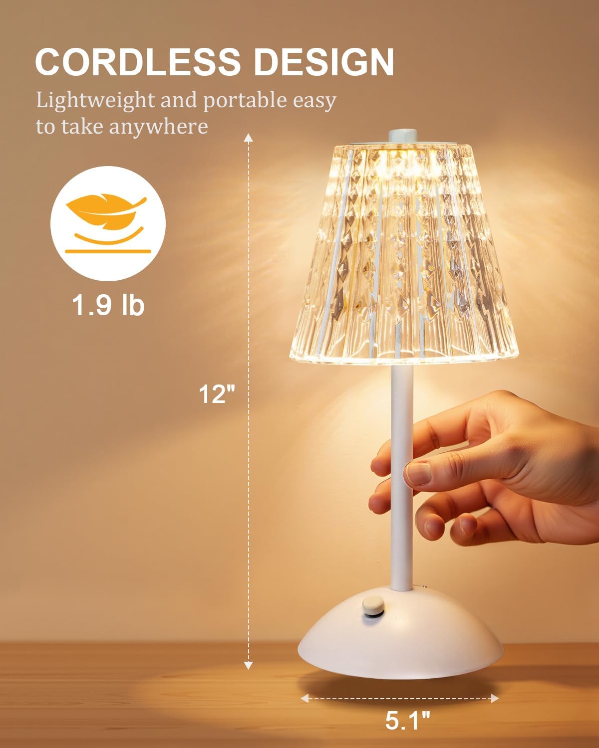 Nusogon Rechargeable Cordless Table Lamp, Touch Control Crystal Desk Lamp with 3500mAh Battery, 3 Color Dimmable LED Small Lamp for…