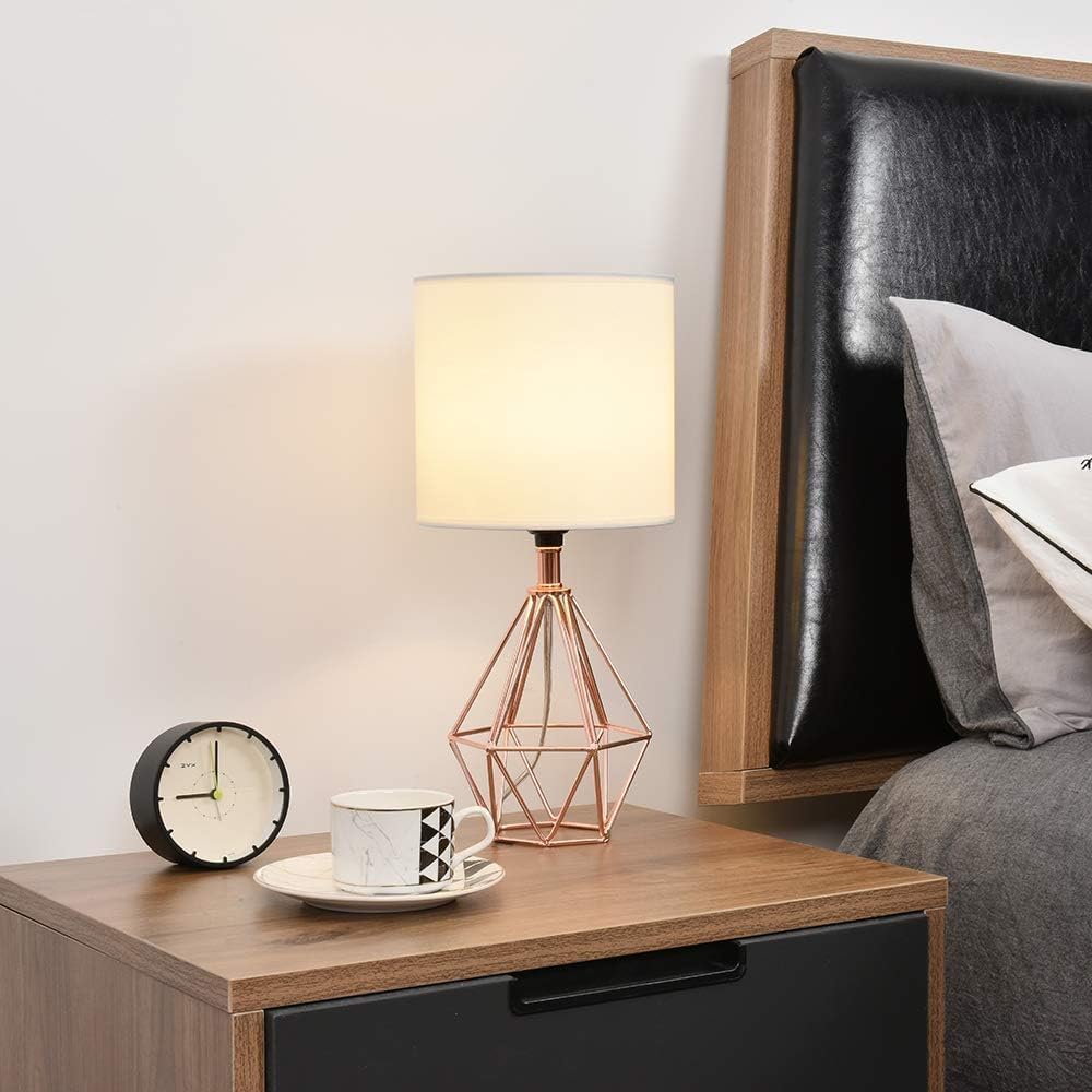 Rose Gold Bedside Table Lamp, Modern Small Desk Lamp with TC Fabric Shade Geometric Metal Base for Kids Living Room Bedroom Nightstand