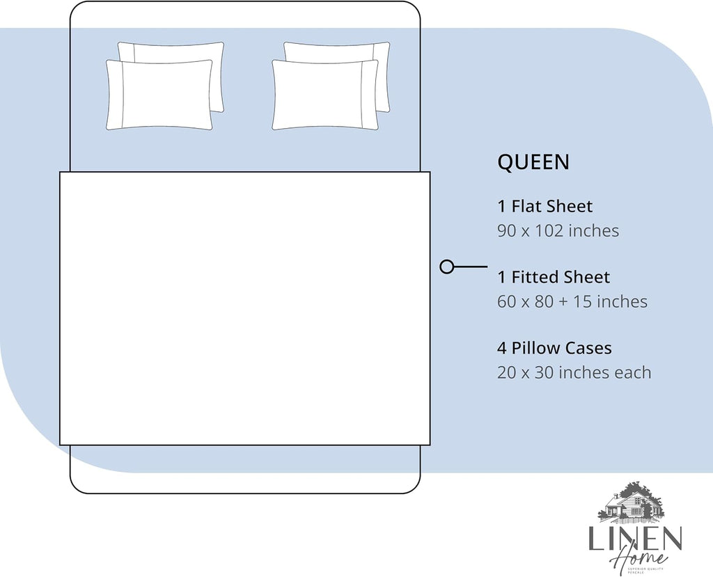 Linenhome Linen Home 6 Piece Queen Cotton Sheet Set, 100% Cotton Percale, 4 Pillowcases, Deep Pocket with All Around Elastic Sheet, Crisp B…