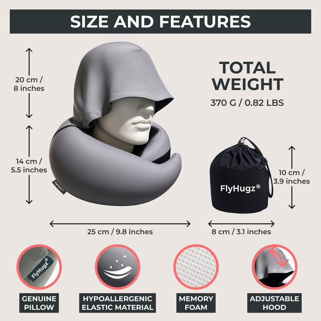 FlyHugz® 2.0 Hooded Travel Pillow – 2026 Original Release – Memory Foam Neck Pillow with Adjustable Hood & Premium Elastic Washable Cover…