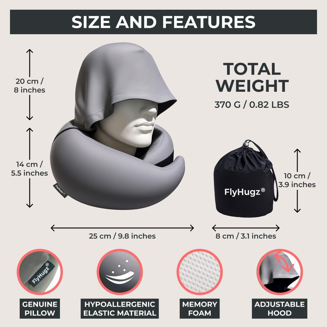 FlyHugz® 2.0 Hooded Travel Pillow – 2026 Original Release – Memory Foam Neck Pillow with Adjustable Hood & Premium Elastic Washable Cover…