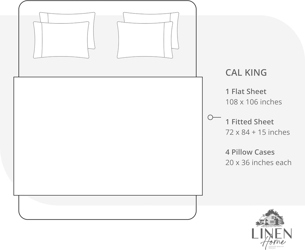 Linenhome Linen Home 6 Piece California King Sheet Set, 100% Cotton Percale, 4 Pillowcases, Deep Pocket with All Around Elastic Sheet, Cris…