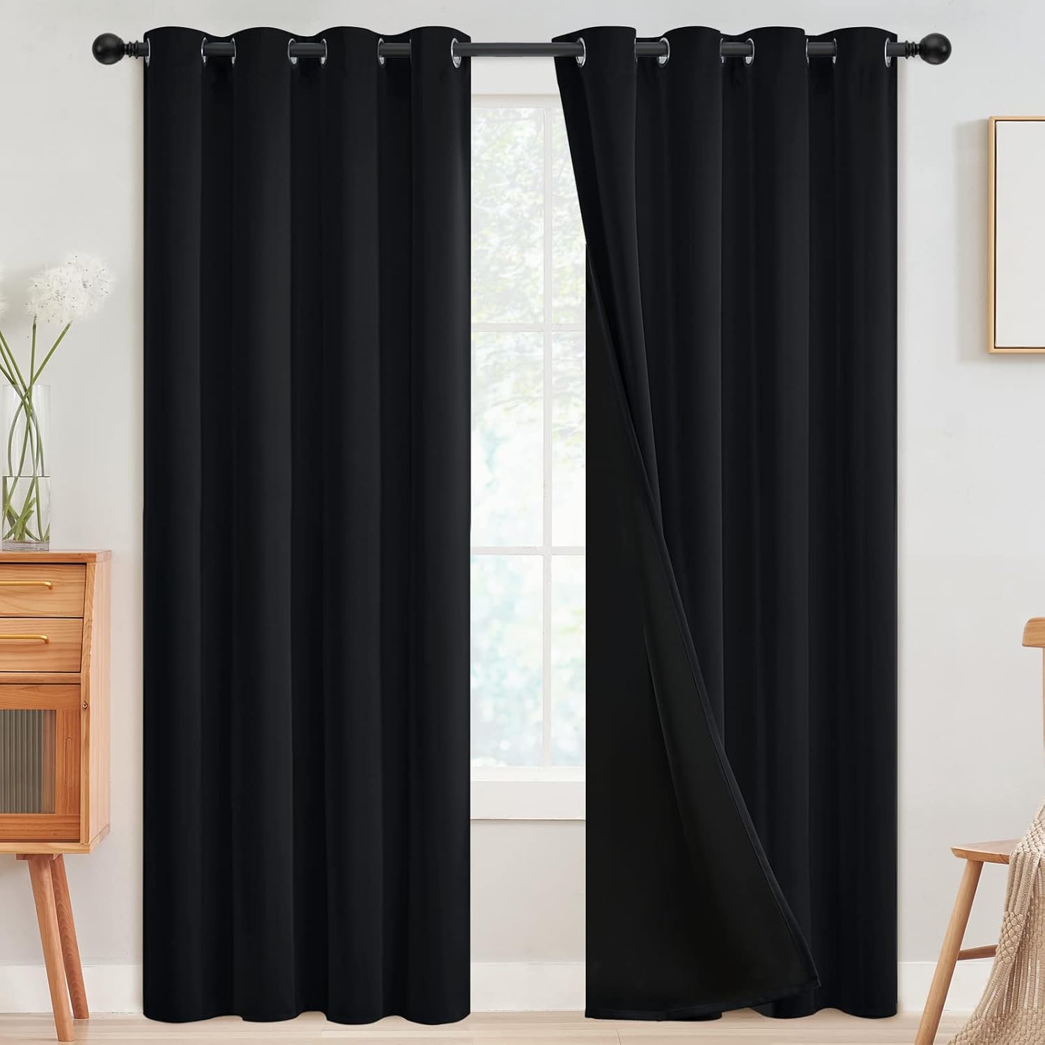 SimpleHome 100% Blackout Curtains for Bedroom, Thermal Insulated Grommet Window Drapes Room Darkening Black Curtains for Living Room with Bl…