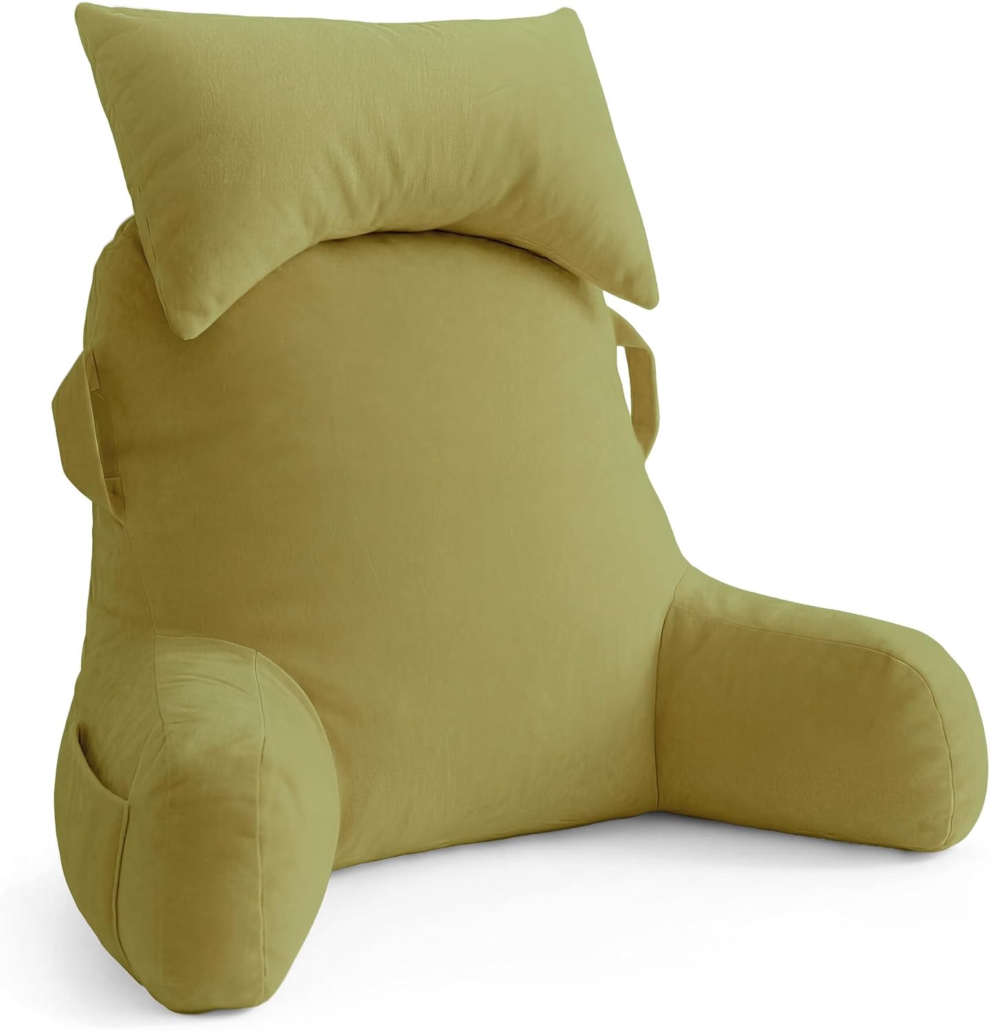 Unisakey Portable Reading Pillows with Headrest for Bed Sitting Up(Pale Green Oeko-Tex), Velvet Back Pillow with Arms & Pockets for…