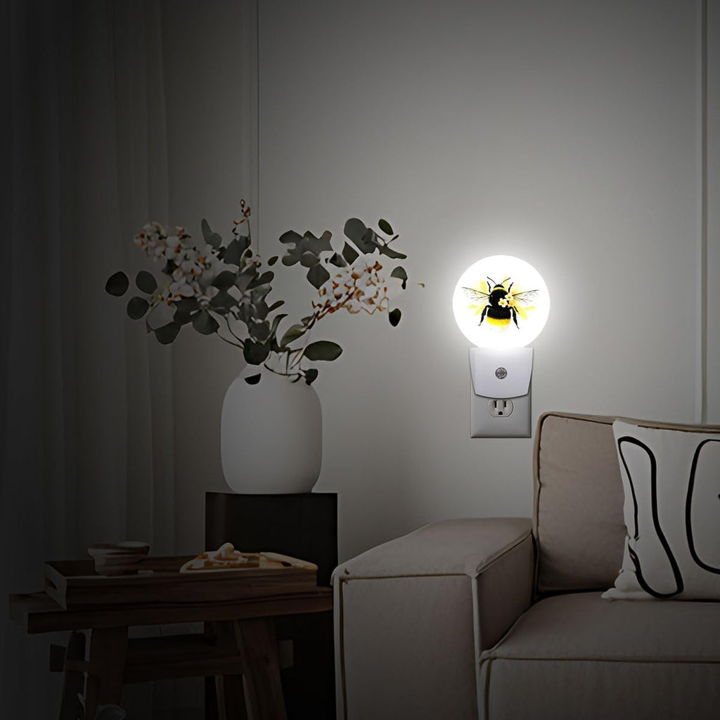 Yellow Bee Flower Night Light Plug Into Wall Auto Led Sleep Round Lamp for Living Room Hallway Stairs