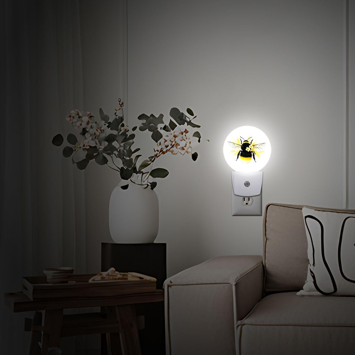 Yellow Bee Flower Night Light Plug Into Wall Auto Led Sleep Round Lamp for Living Room Hallway Stairs
