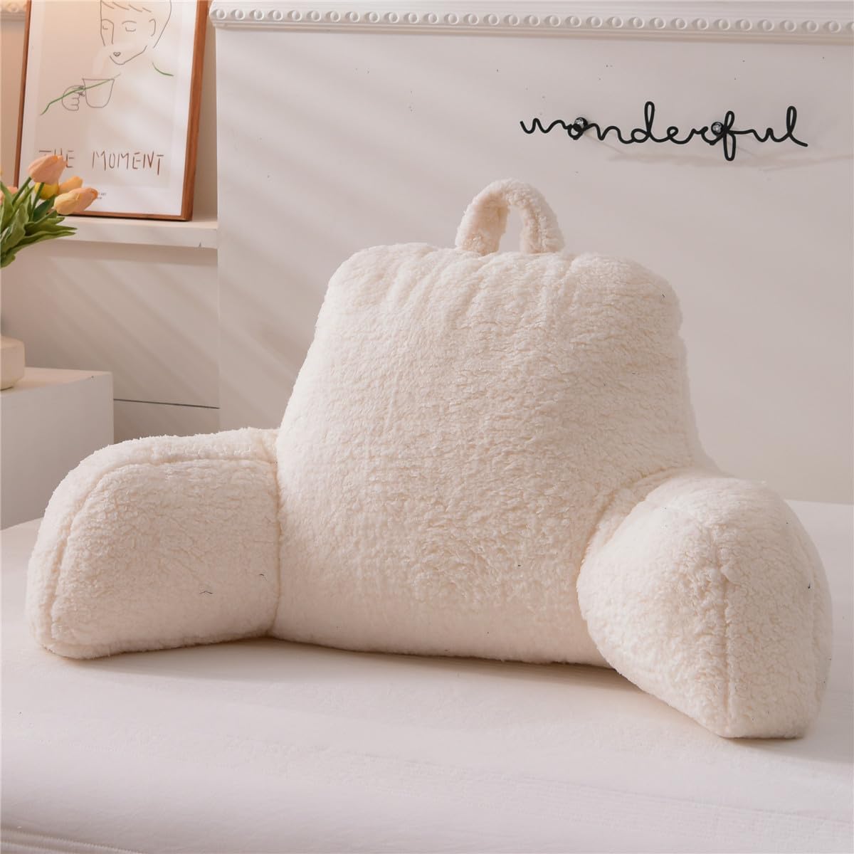 Ntbed Sherpa Reading Pillow for Backrest with Arms, Kids Adult Bed Rest Pillow Back Support for Sitting Up in Bed Chair Pillow(White) White