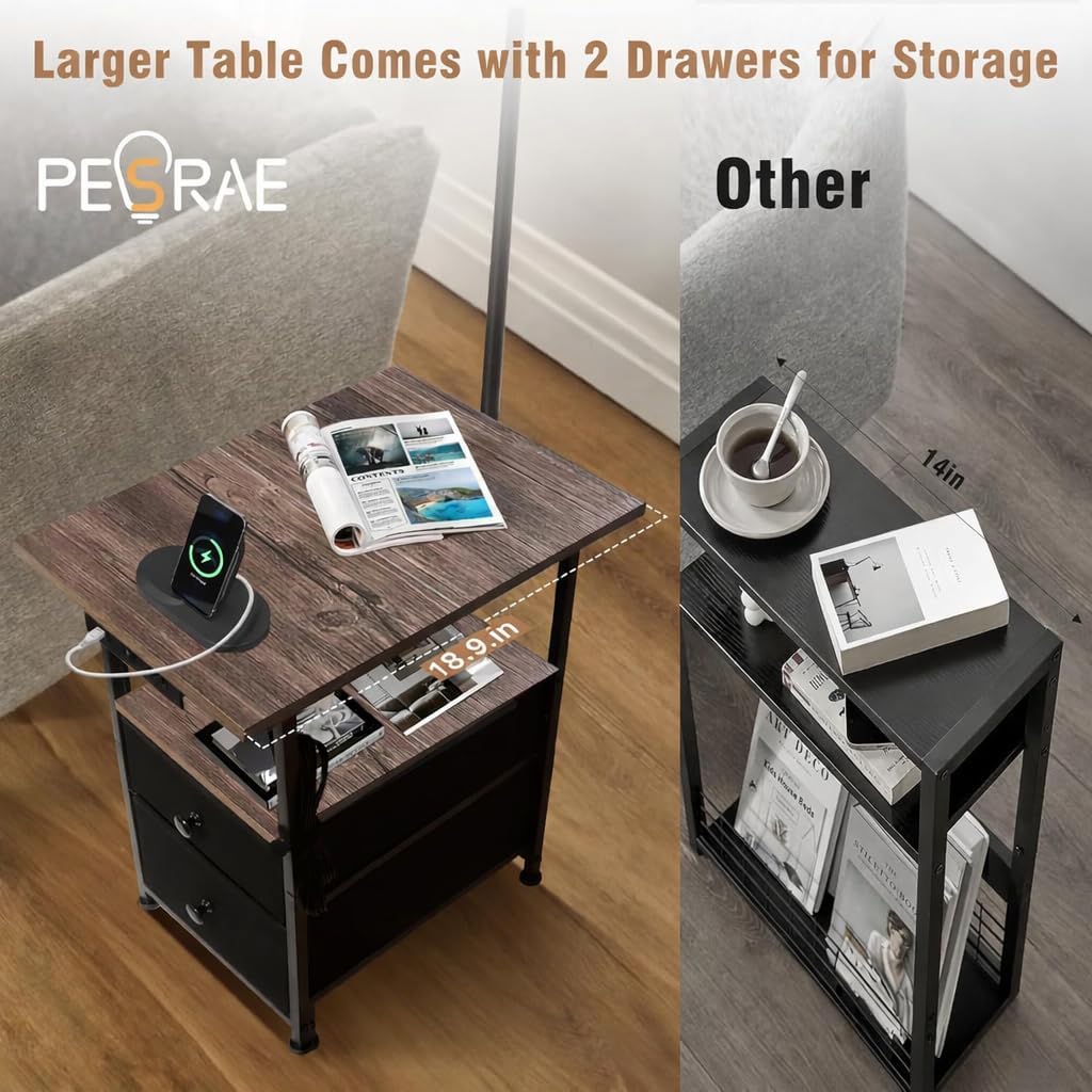 PESRAE Floor Lamp with Table & 2 Drawers, End Table with 3 Color Temperature Reading Light, Side Table Lamp with USB & Type C & AC…