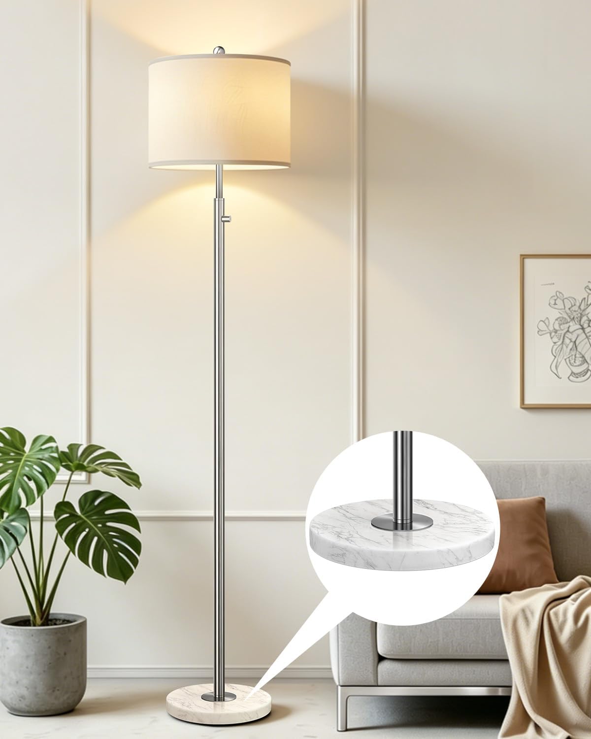 Upgraded】 Dimmable Floor Lamp for Living Room, 11W LED Bulb Included, Modern Standing Lamp with Marble Base, Tall Pole Light with Linen…