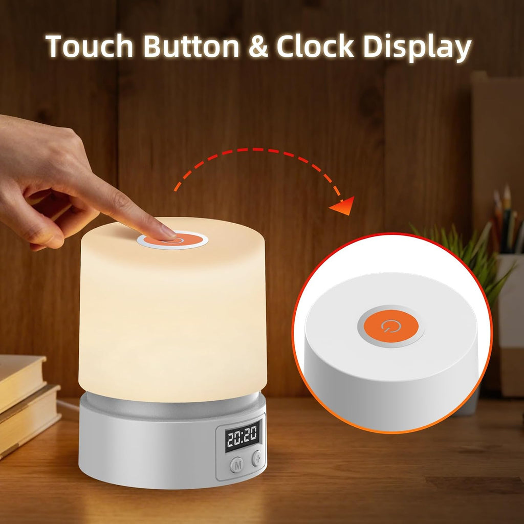 Nursery Night Light with Clock for Kids, Touch Lamp Bedside Desk Lamp, Portable Breastfeeding Night Lamp for Baby, 3 Color Stepless…