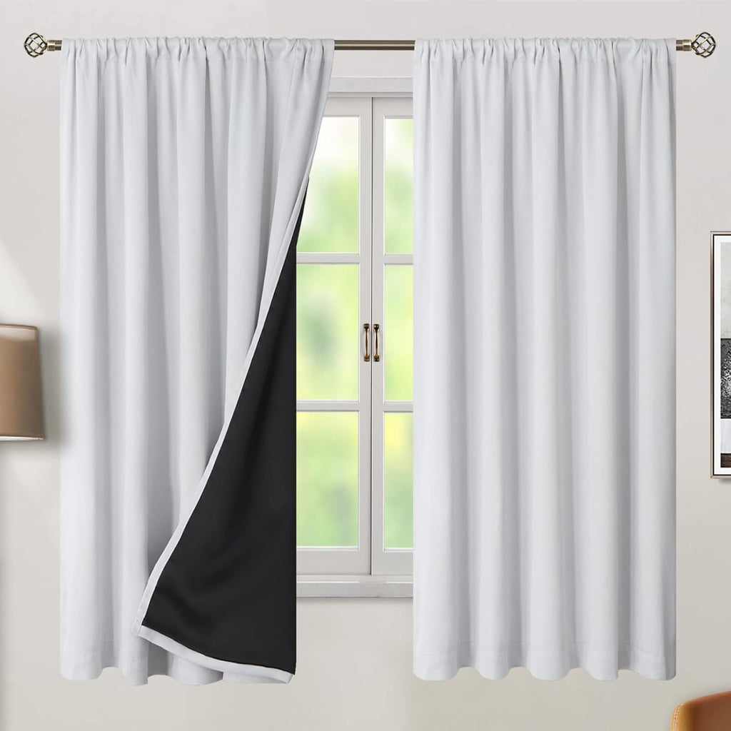 BGment Greyish White 100% Blackout Curtains 63 Inches Long with Noise-reducing Liner, Rod Pocket and Back Tab Double Layer Room Darkening…