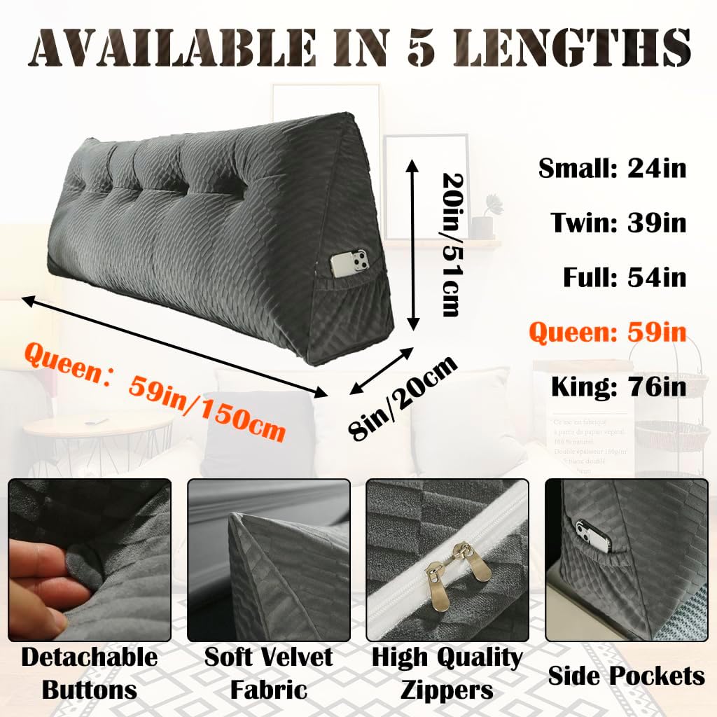 KCTVUIWS Triangular Headboard Pillow with Removable Cover & Side Pockets, Large Queen Bed Wedge Pillow for Headboard, Daybed Sitting…