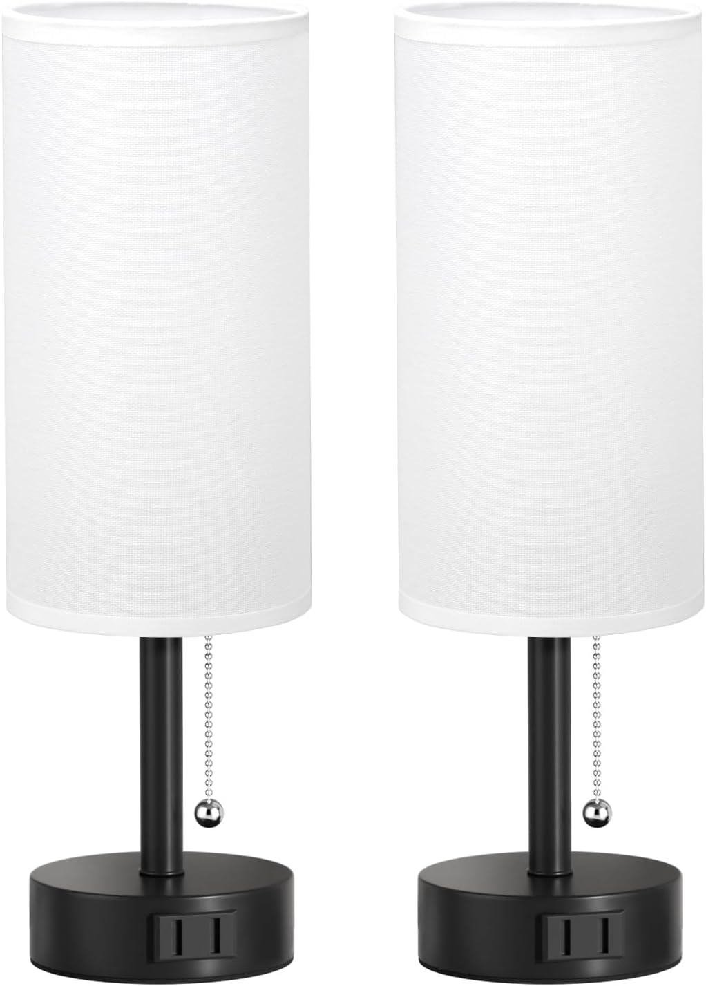 Fenmzee White Bedside Table Lamps Set of 2-3 Color Temperatures Pull Chain Lamp with AC Outlet Charging Port, Round Night Stand Lamps for…